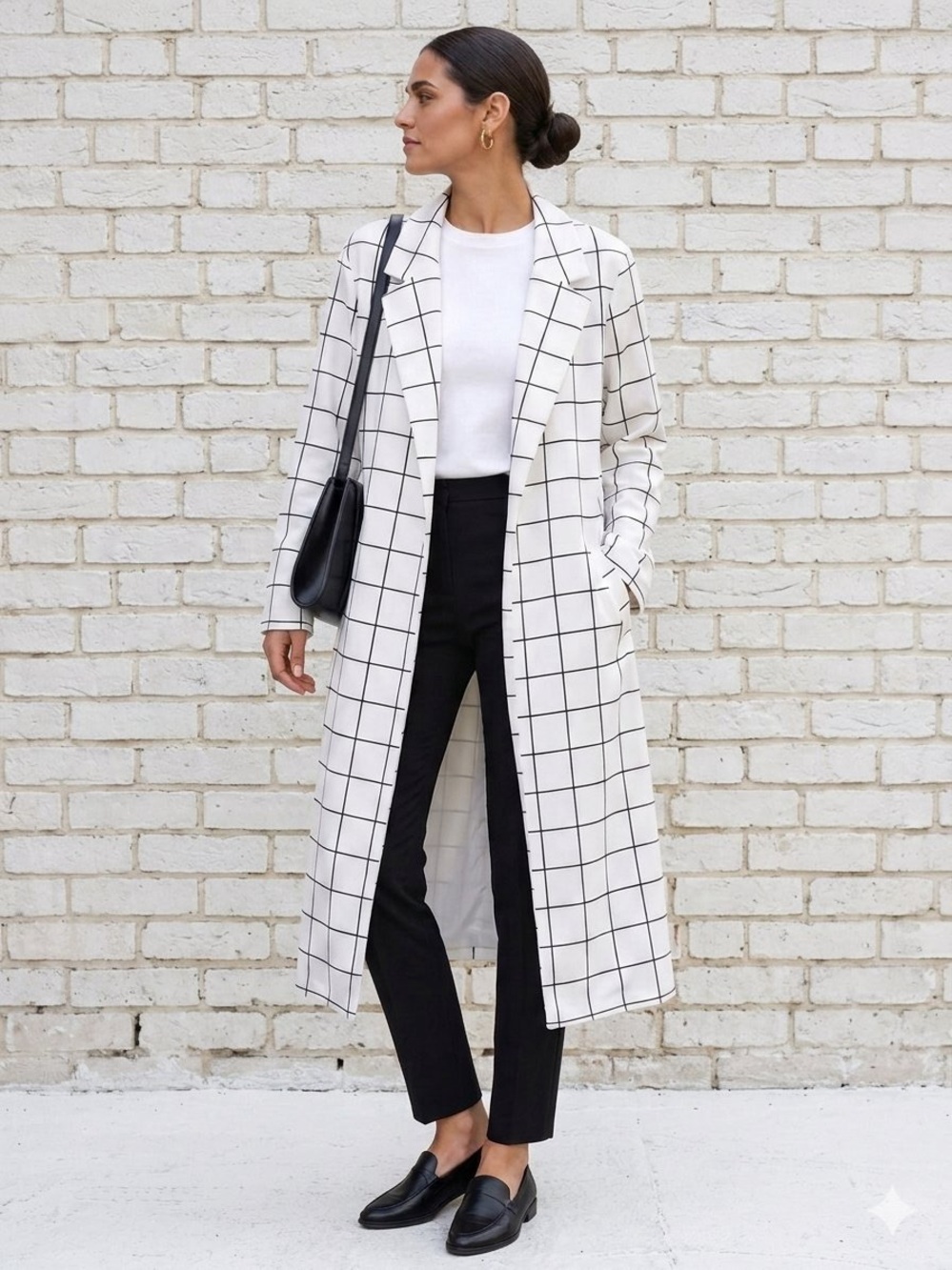 MELLODAY Black & Off White Plaid Long Trench Style Blazer - Picture 1 of 15